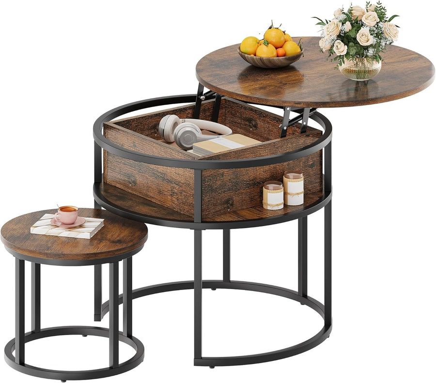 Lift Top Coffee Table Set of 2 Brown Wood Round Nesting Storage Side End
