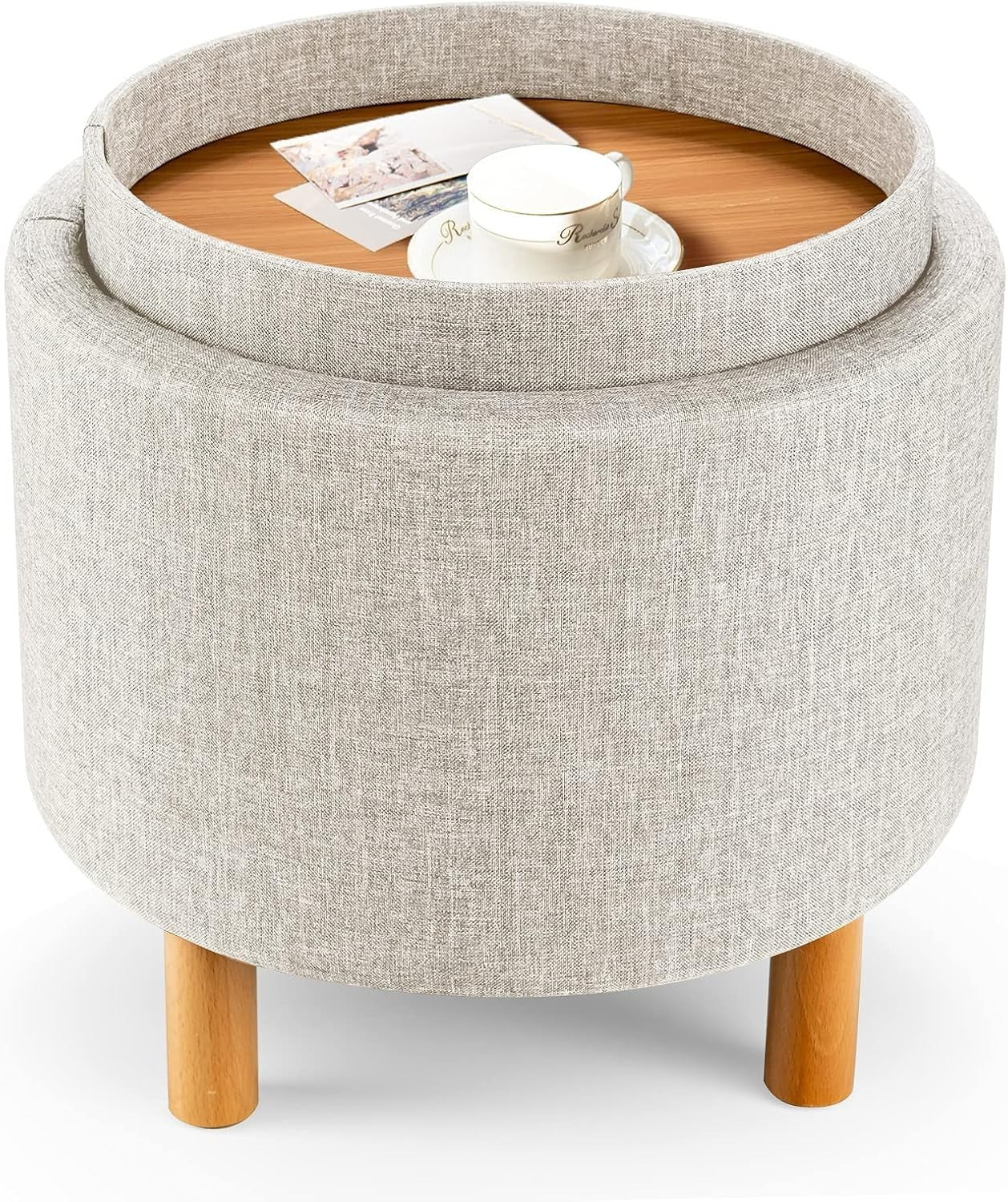 Beige Linen Round Storage Ottoman Stool 4-in-1 Footrest Tray Top Seat