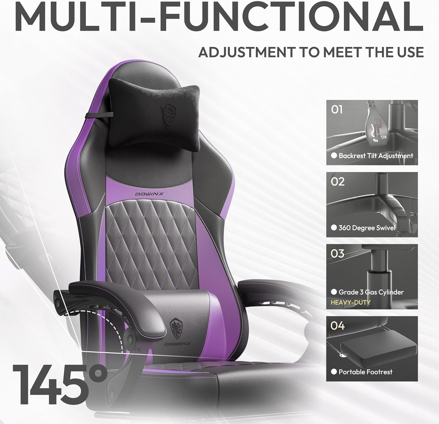 Ergonomic Gaming Chair Recliner w/ Footrest Massage White/Purple