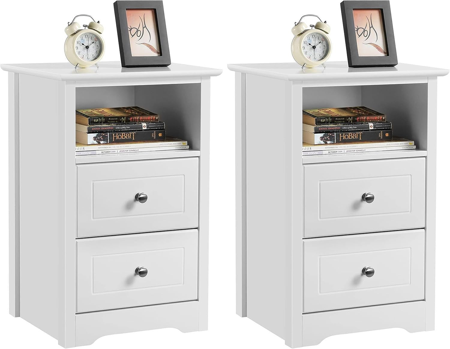 White Bedside Table with Drawers & Shelf – Modern Nightstand for Bedroom