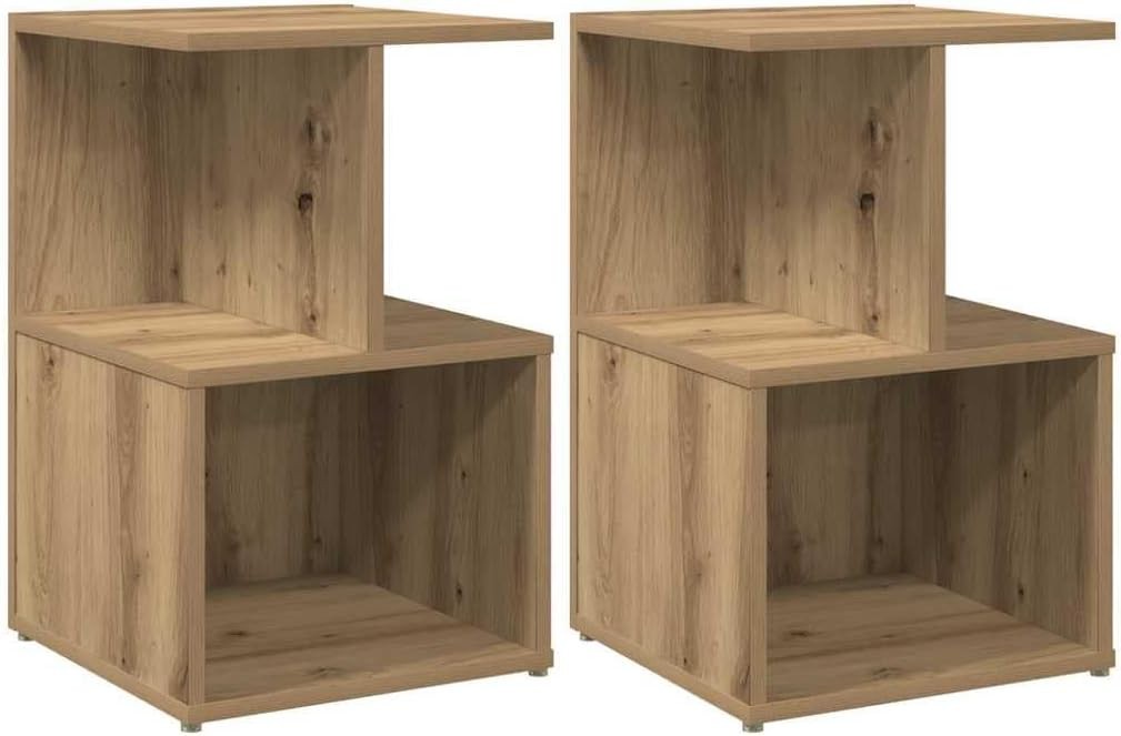 Pair of Oak Bedside Tables | Modern 2 Tier Nightstands with Open Storage