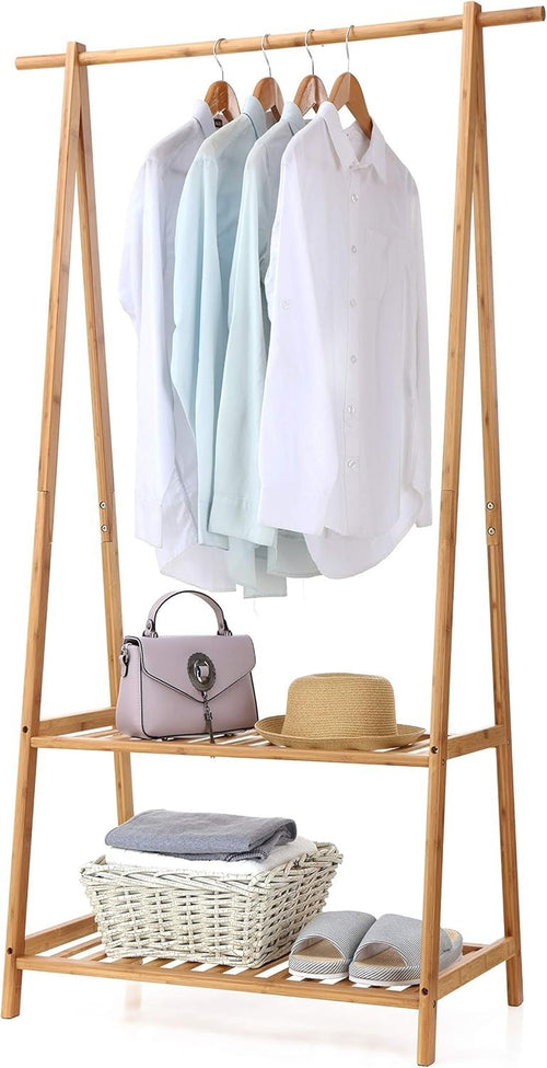 Extra Large Bamboo Clothes Rack with 2 Shelves – Brown