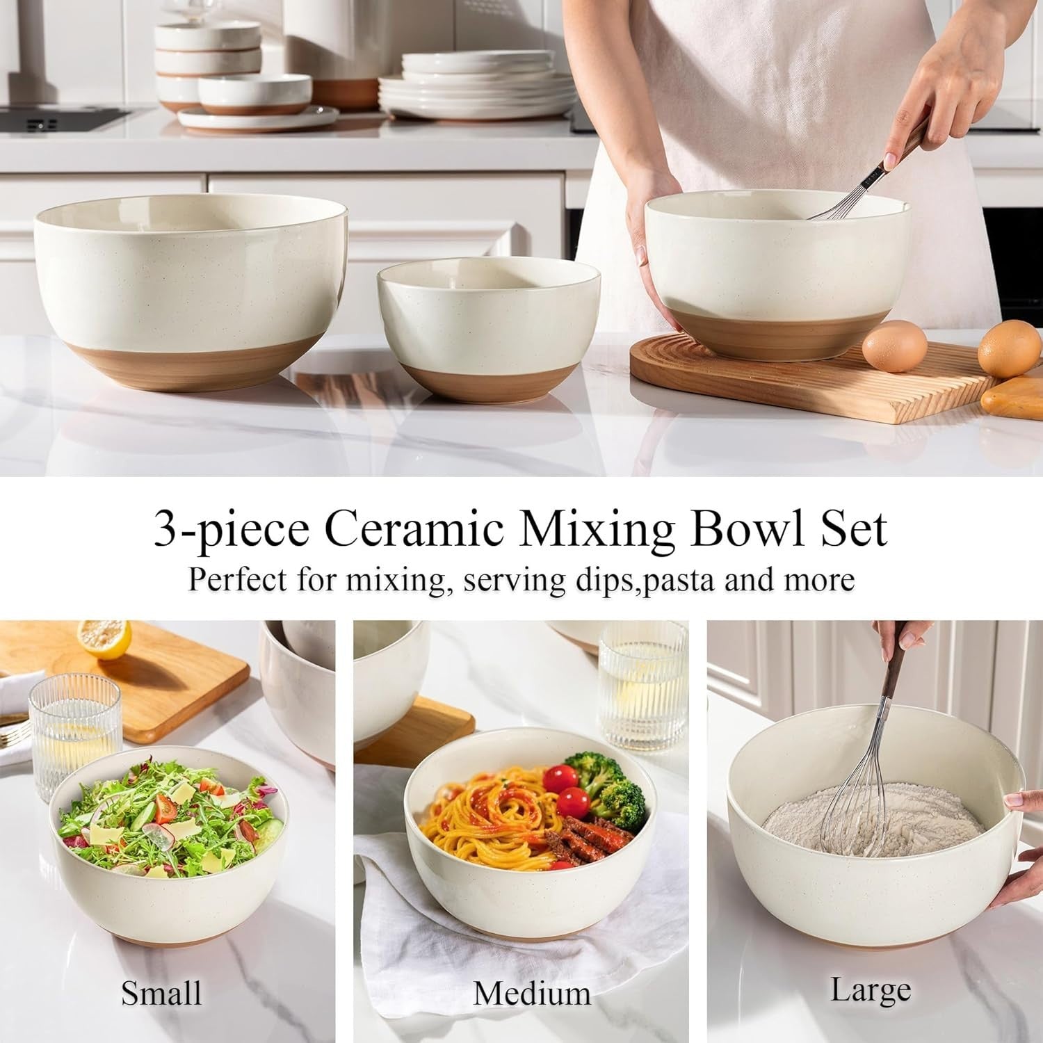 3-Piece Light Beige Ceramic Mixing Bowls Set Nesting 1.3-4.6 Qt