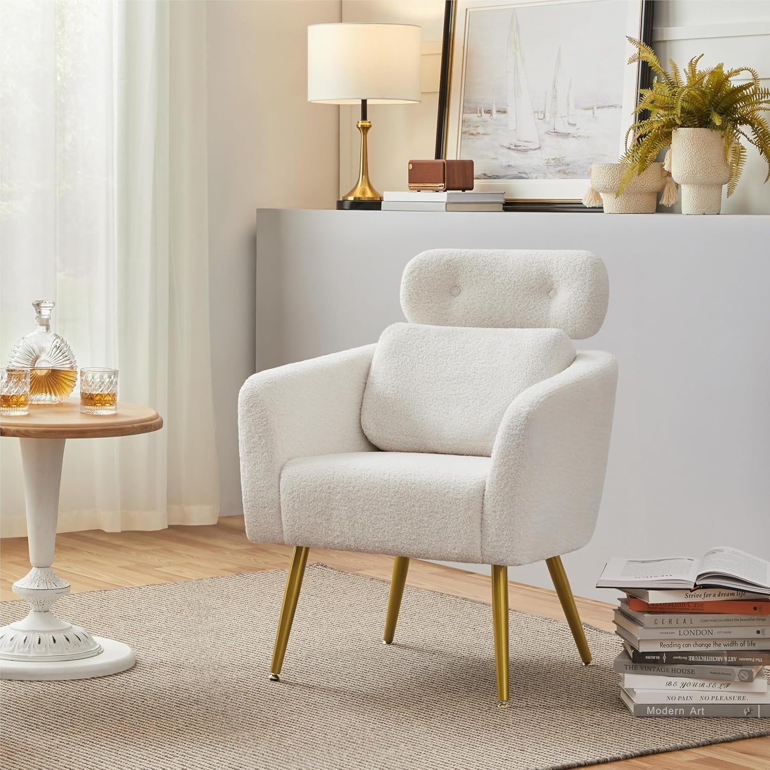 White Tub Chair Adjustable Headrest Lumbar Pillow Accent Living Room Seat