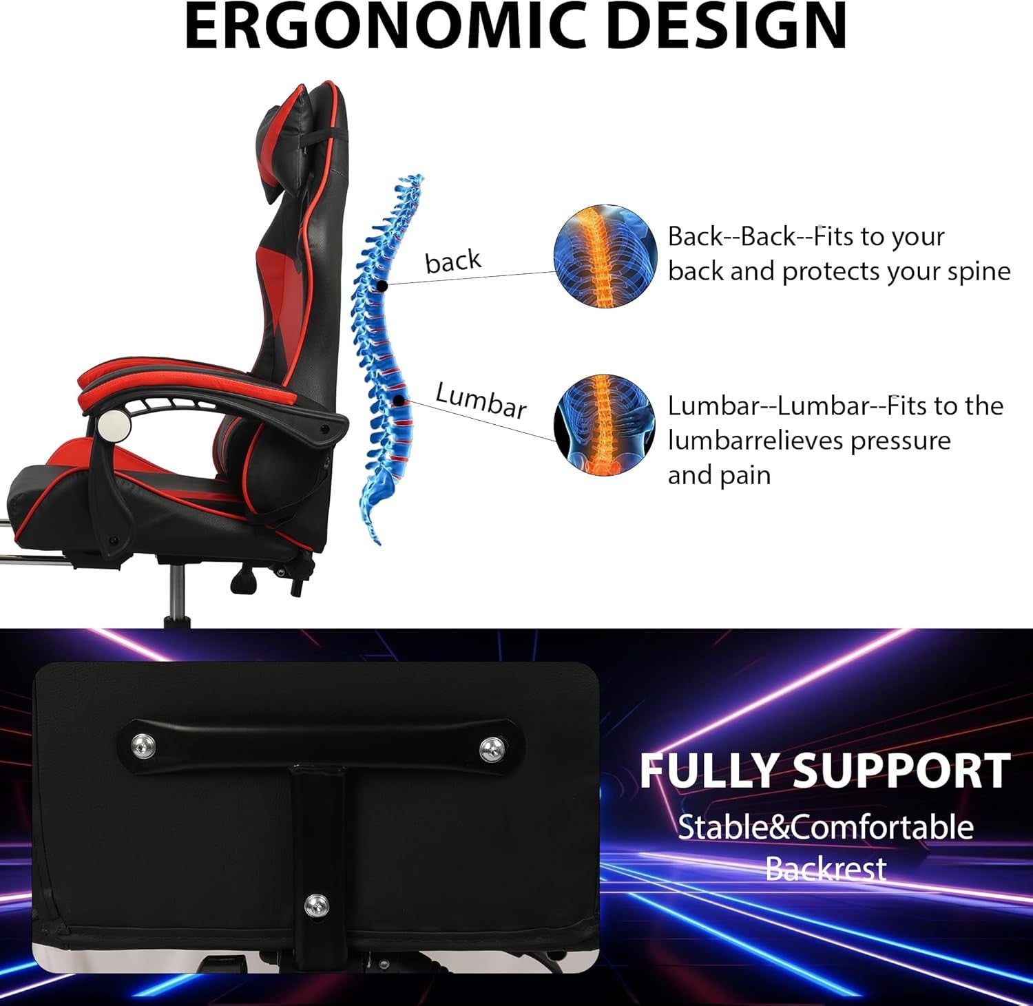 Ergonomic Gaming Chair Reclining Footrest Red Black Office