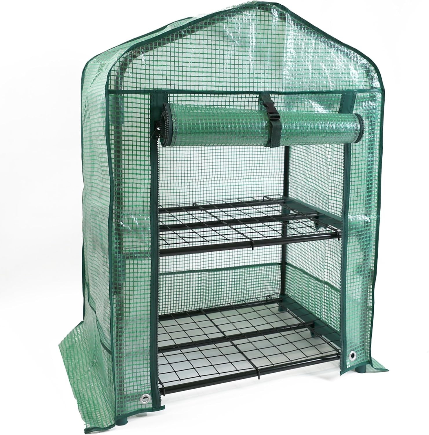 2 Tier Mini Greenhouse with Roll-Up Door | Compact Outdoor Plant Stand
