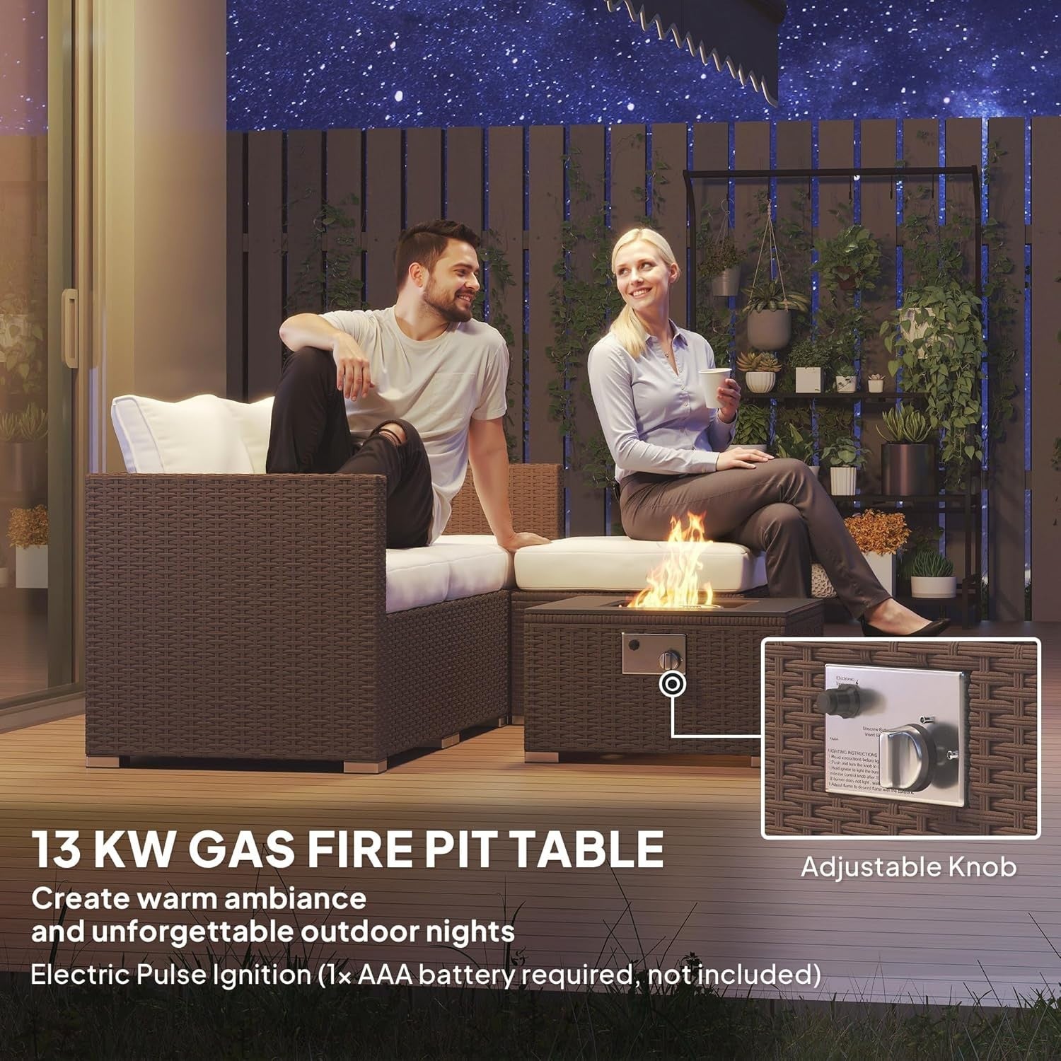 5-Piece Outdoor Rattan Sofa Set with Gas Fire Pit Table & Cushions