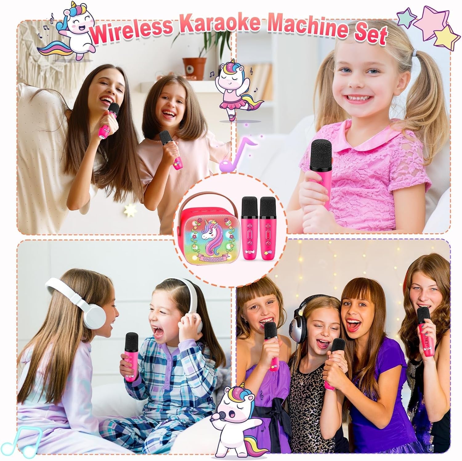 Mini Unicorn Karaoke Machine Kids Bluetooth Speaker 2 Mics