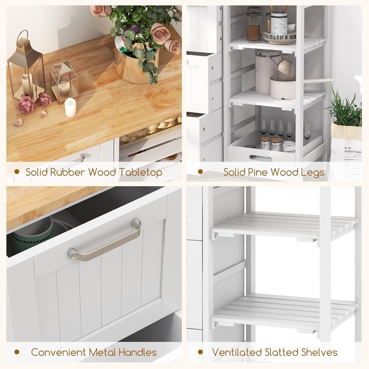 White Kitchen Island Trolley Rubber Wood Top 3 Drawers
