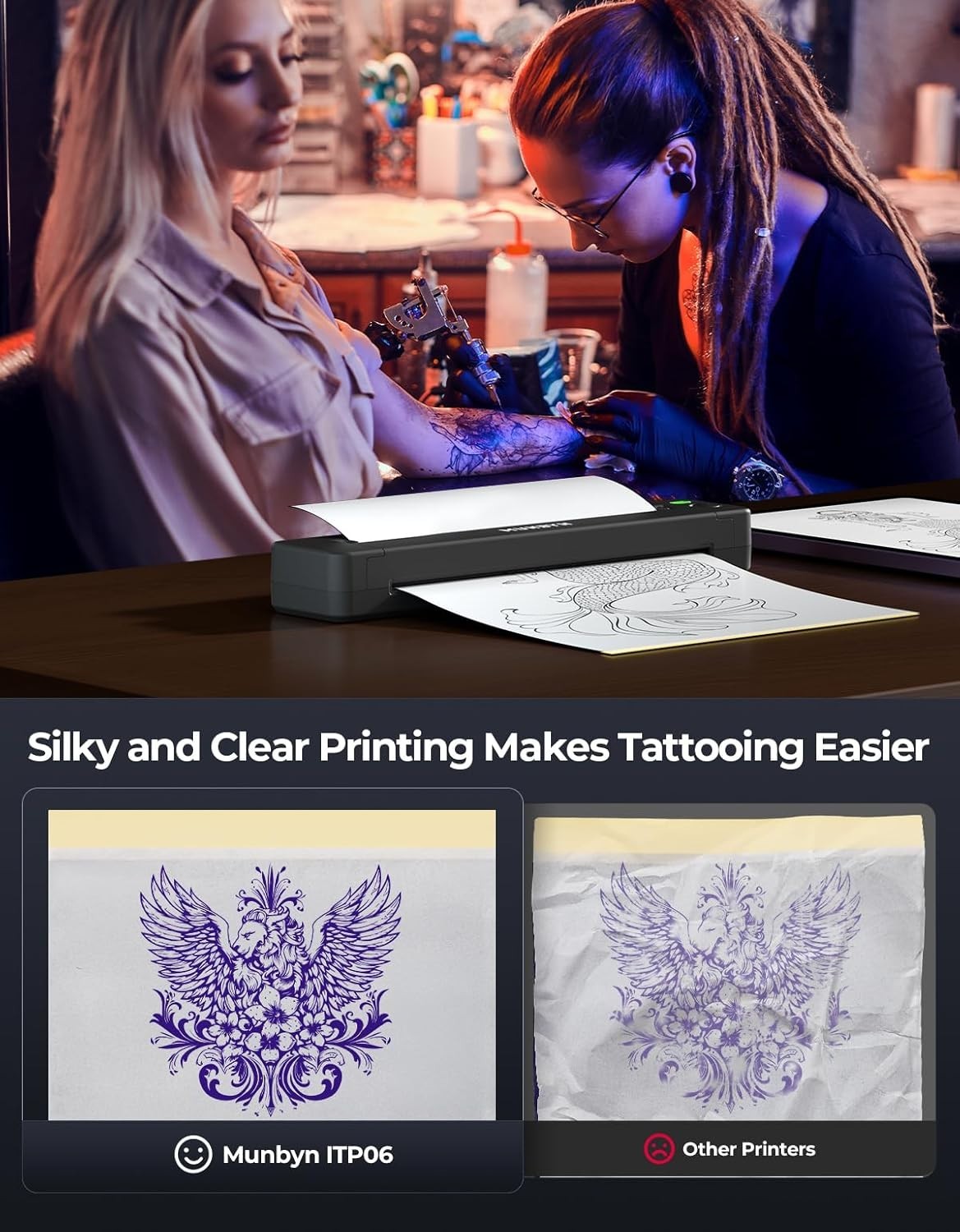 Black Wireless 300DPI Tattoo Stencil Printer Thermal Kit for Artists