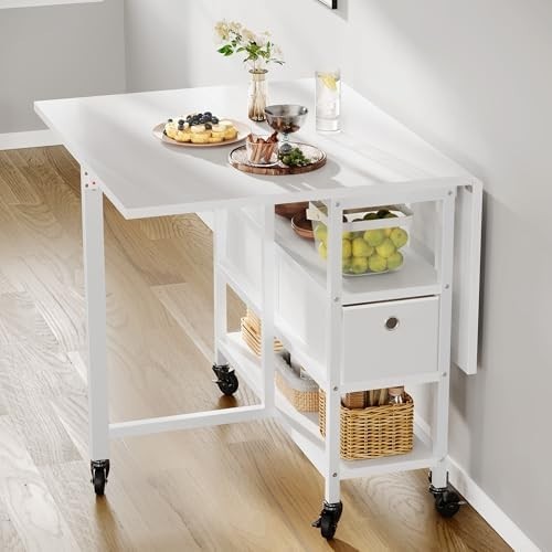 White Folding Dining Table Drop Leaf with Storage 120cm