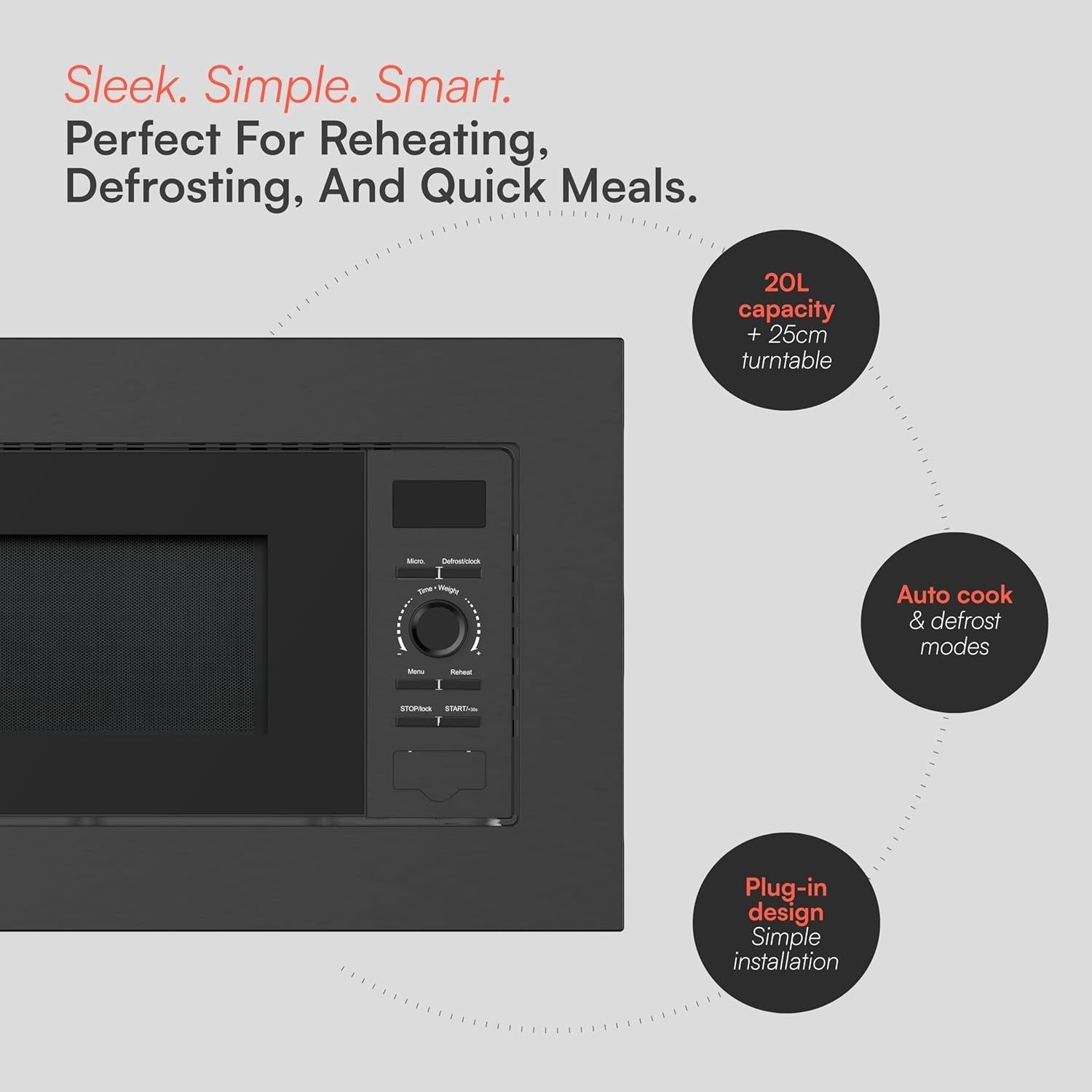 Built-In 20L Microwave Oven 800W 8 Auto Programs Child Lock Black