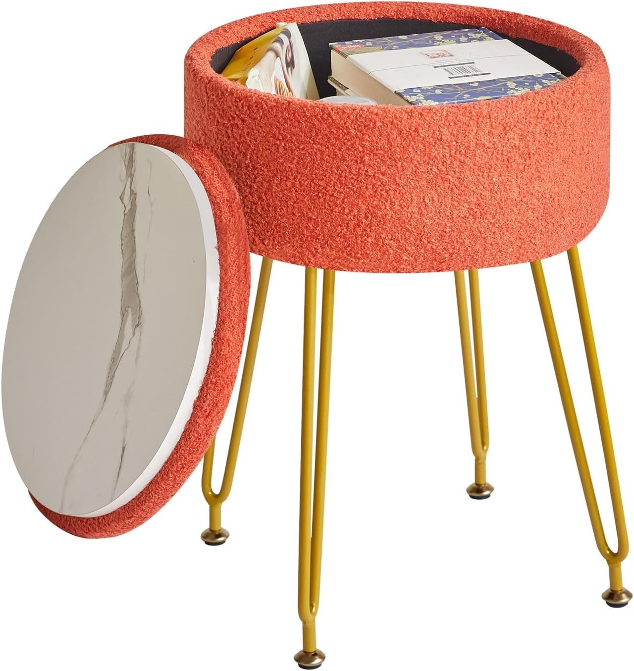 Orange Teddy Velvet Storage Footrest Stool – Vanity Ottoman with Golden Legs