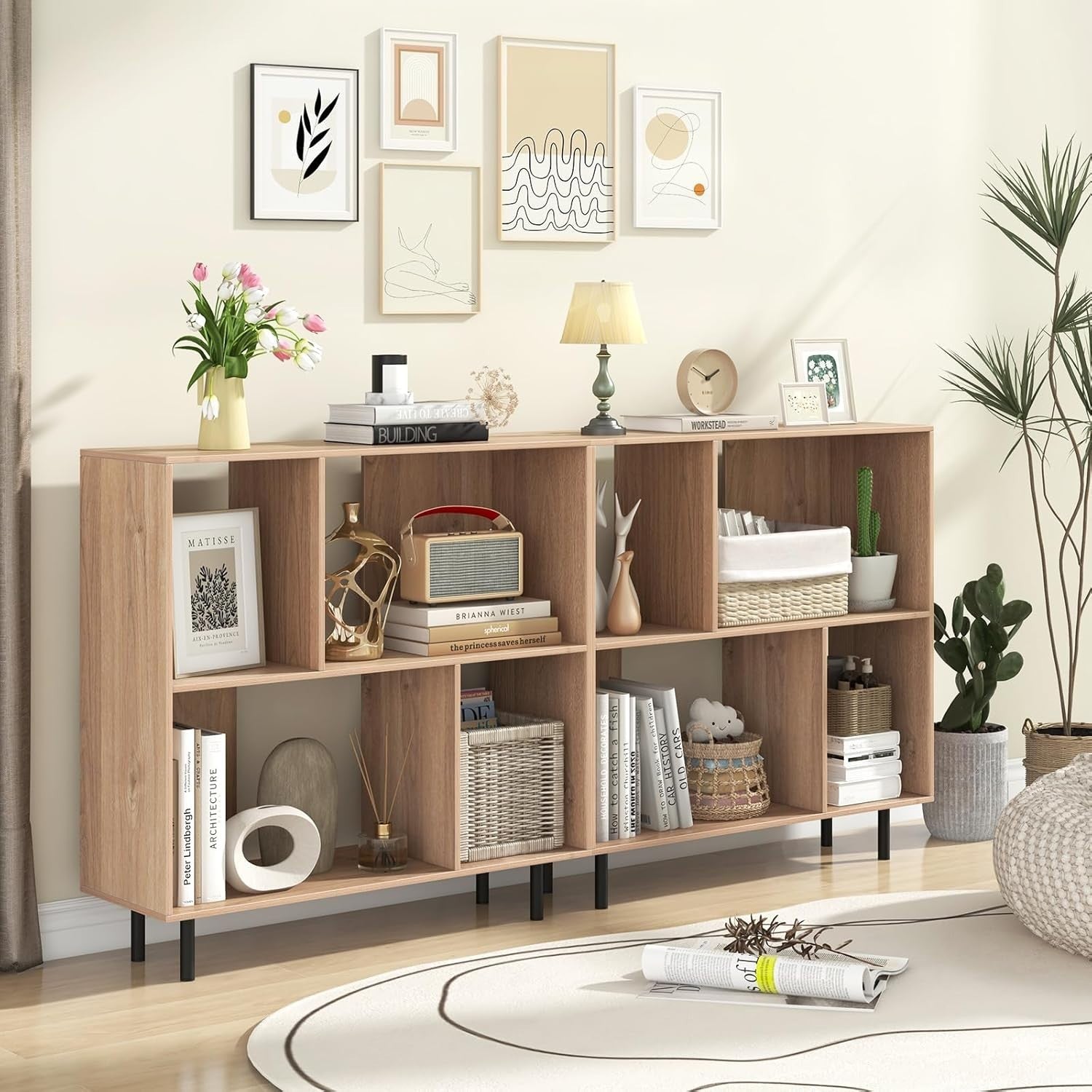 4-Cube Storage Bookcase Wooden Shelves Metal Legs Minimalist 90x30x90cm