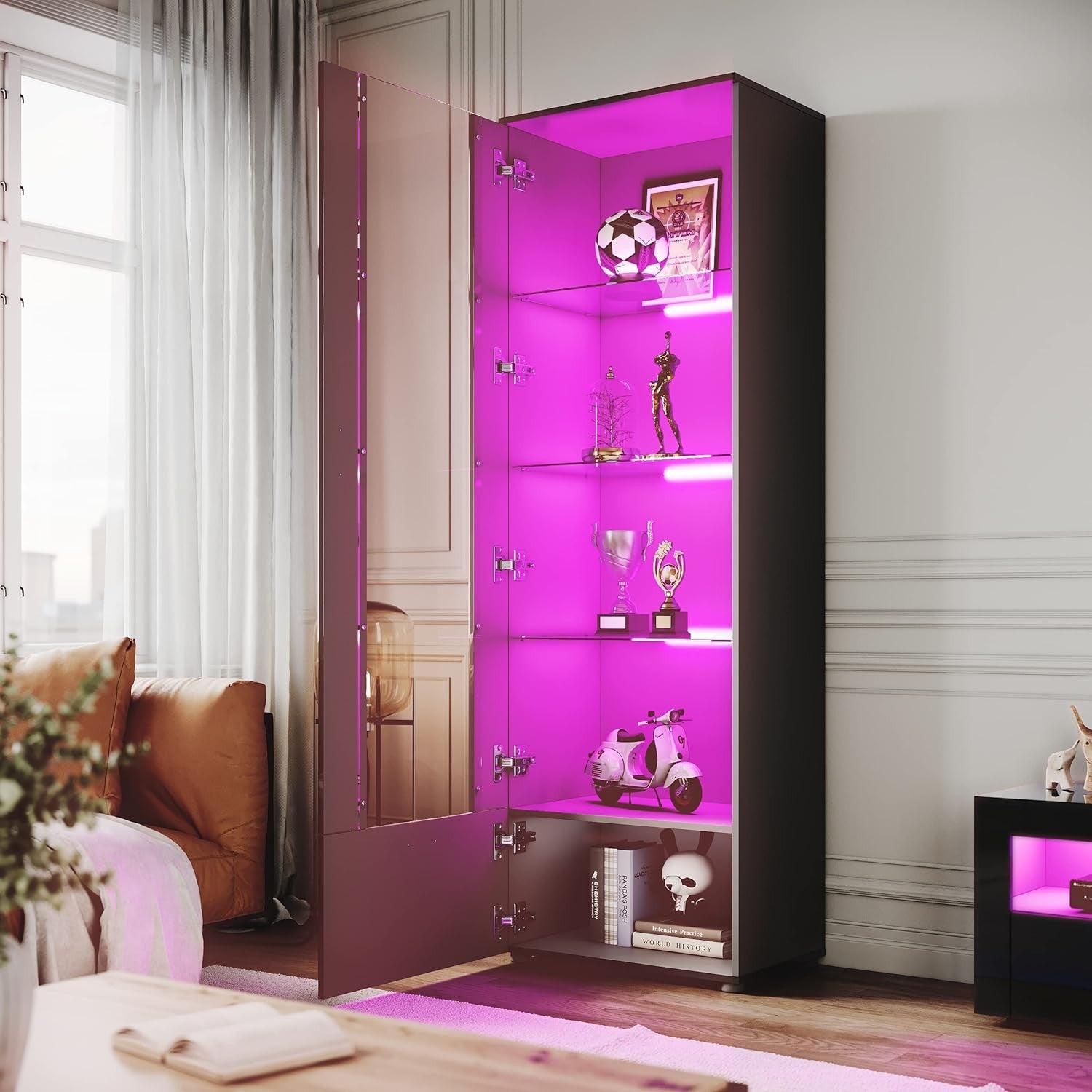 Tall Black Gloss LED Display Cabinet 187cm Modern Showcase Unit with Glass Shelv