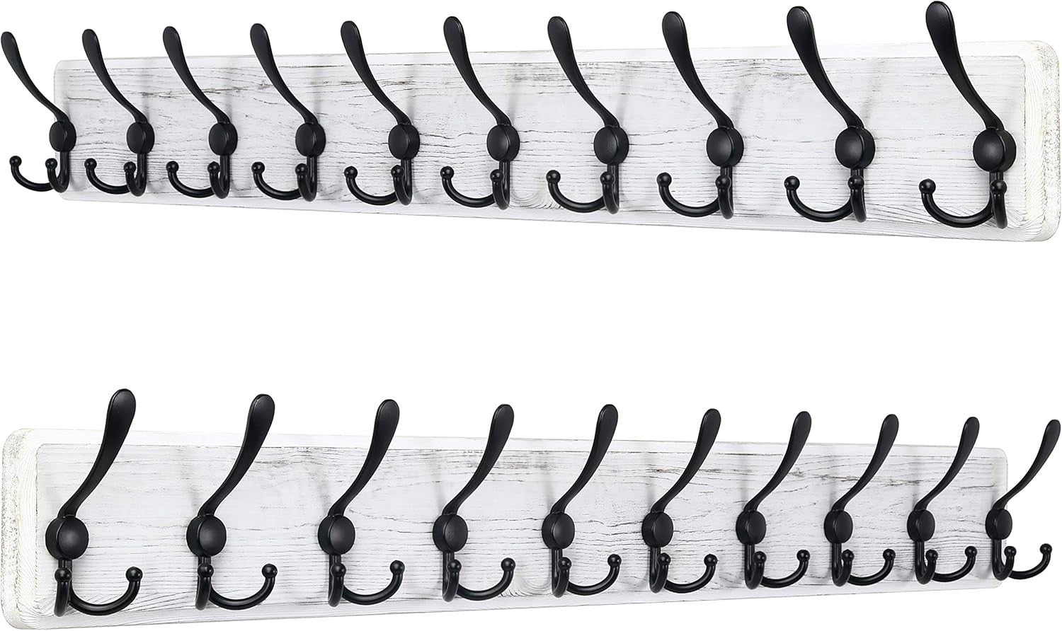 Set of 2 White Wooden Wall Coat Racks | Heavy Duty 10 Hook Rustic Organizer 38"