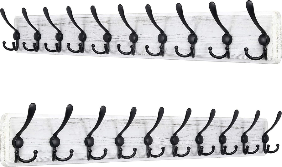Set of 2 White Wooden Wall Coat Racks | Heavy Duty 10 Hook Rustic Organizer 38"