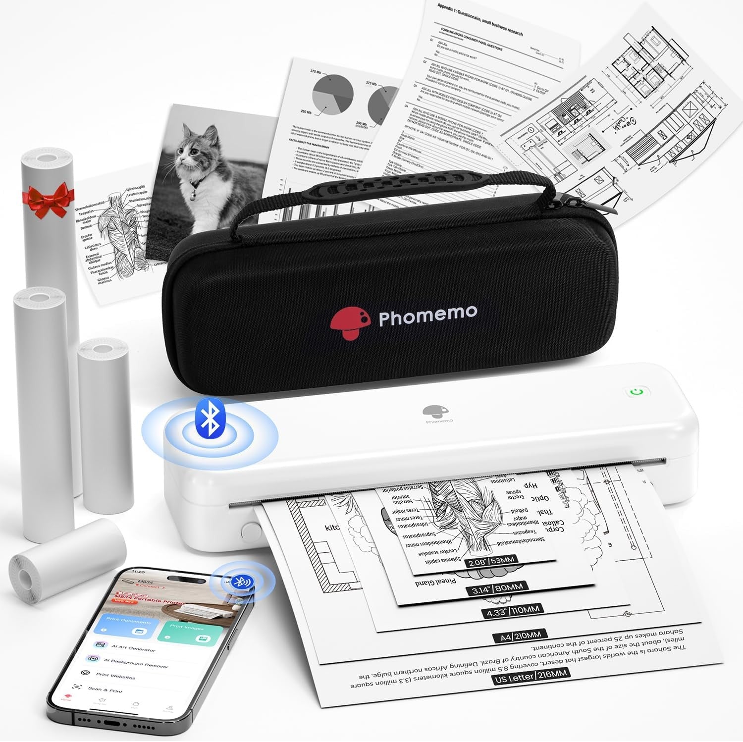 Portable A4 Thermal Printer Bluetooth Inkless 4 Rolls White