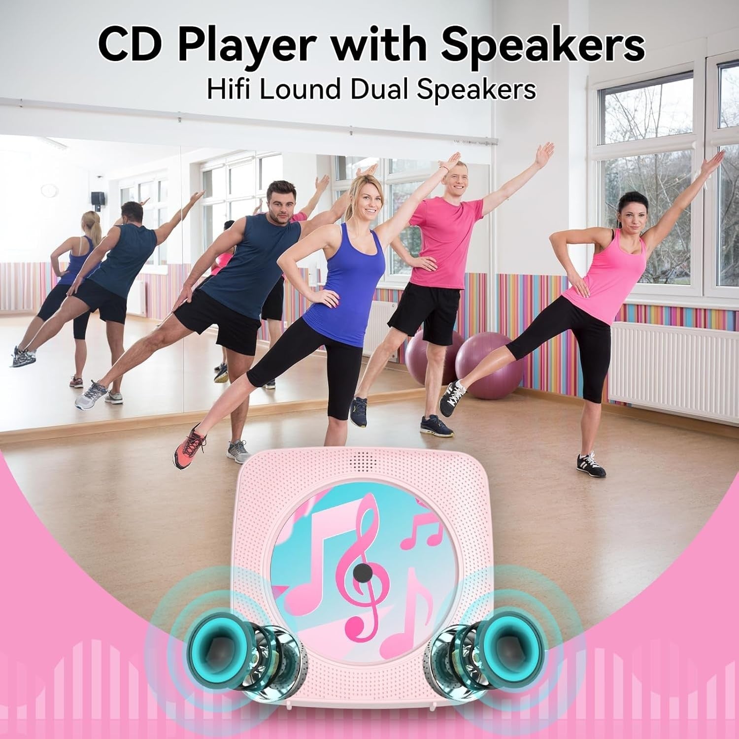 Portable CD Player Bluetooth Speakers FM Radio USB AUX Remote Pink