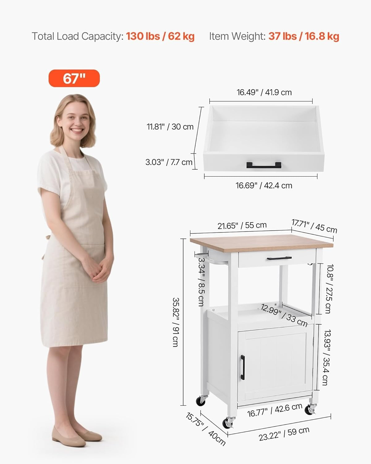 Rolling Kitchen Island Cart with Drawer, Cabinet, Wheels – 59x45cm White