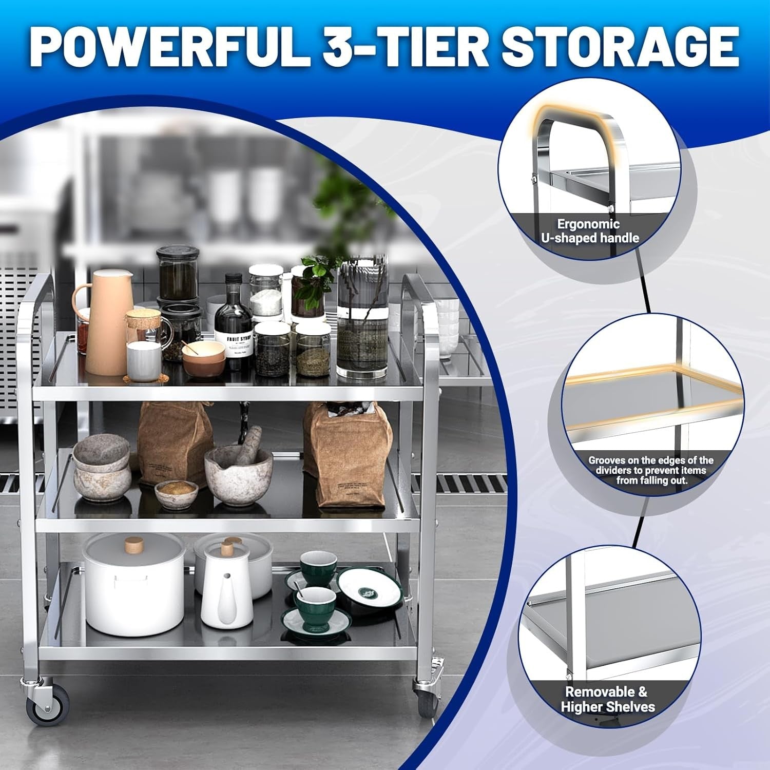 3 Tier Stainless Steel Kitchen Trolley Cart on Wheels Lockable Serving