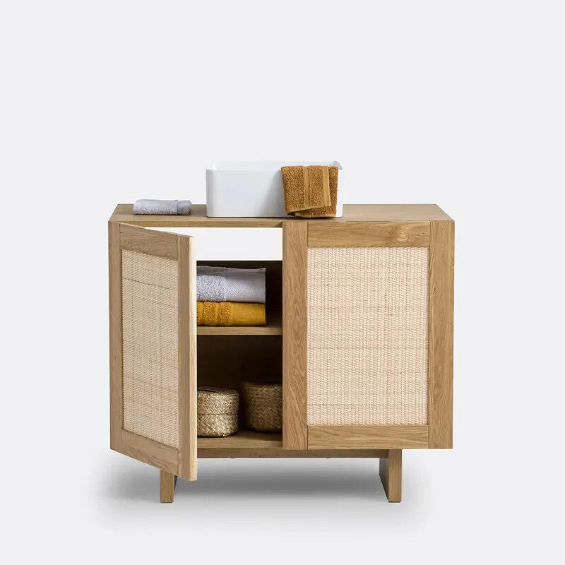 Oak Rattan Bathroom Vanity Unit 90 cm Cabinet | Soft-Close 2-Door Storage