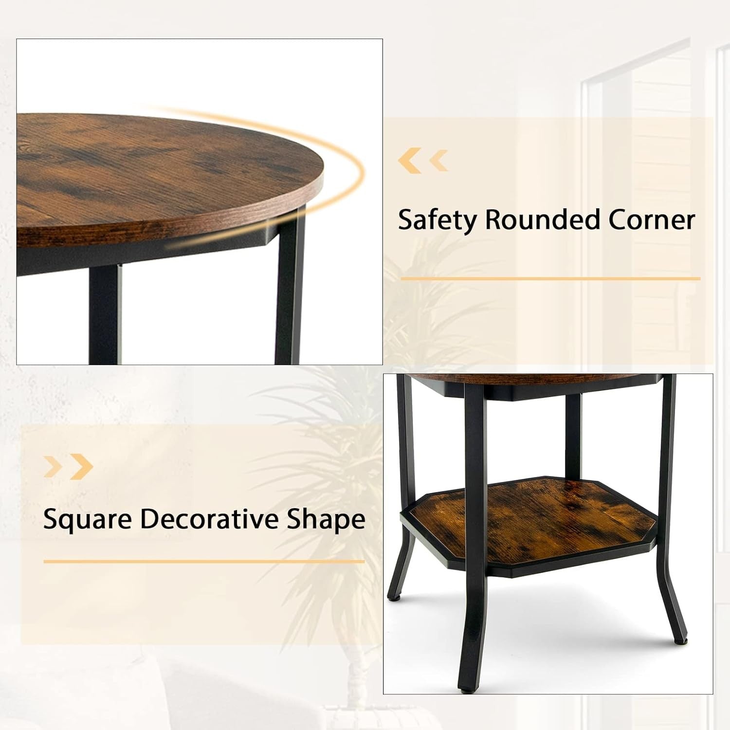 Round Industrial Side Table Rustic Brown | 2-Tier Sofa End Table with Storage 50