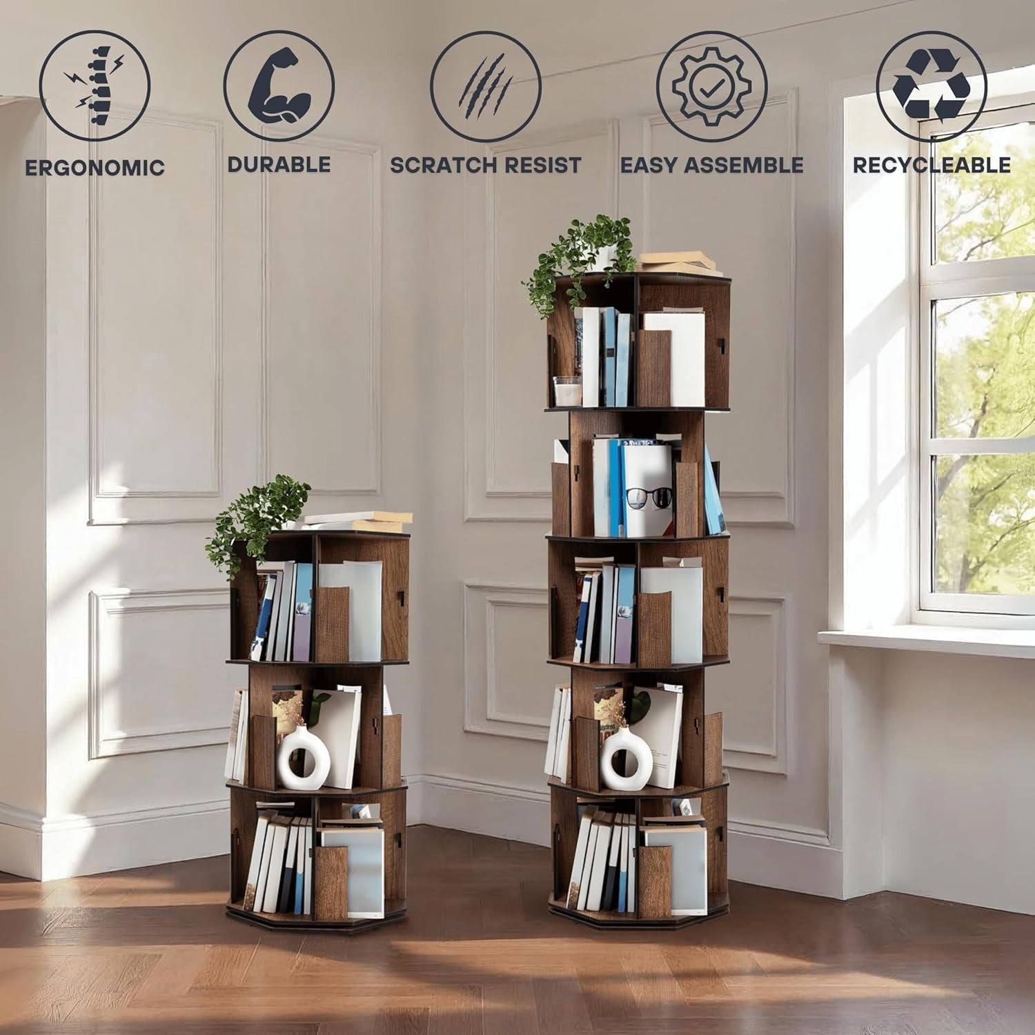 3 Tier Rotating Kids Bookshelf Walnut Corner Shelf Wooden Storage Organizer