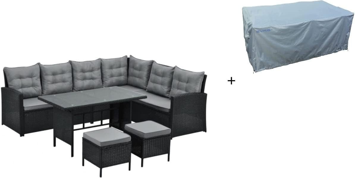 8 Seater Outdoor Rattan Sofa Set Corner Dining Table Chairs & Cover Black