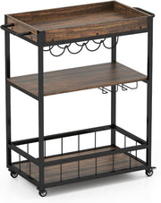 3 Tier Kitchen Trolley Rolling Bar Cart Wine Rack Serving Cart Wheels