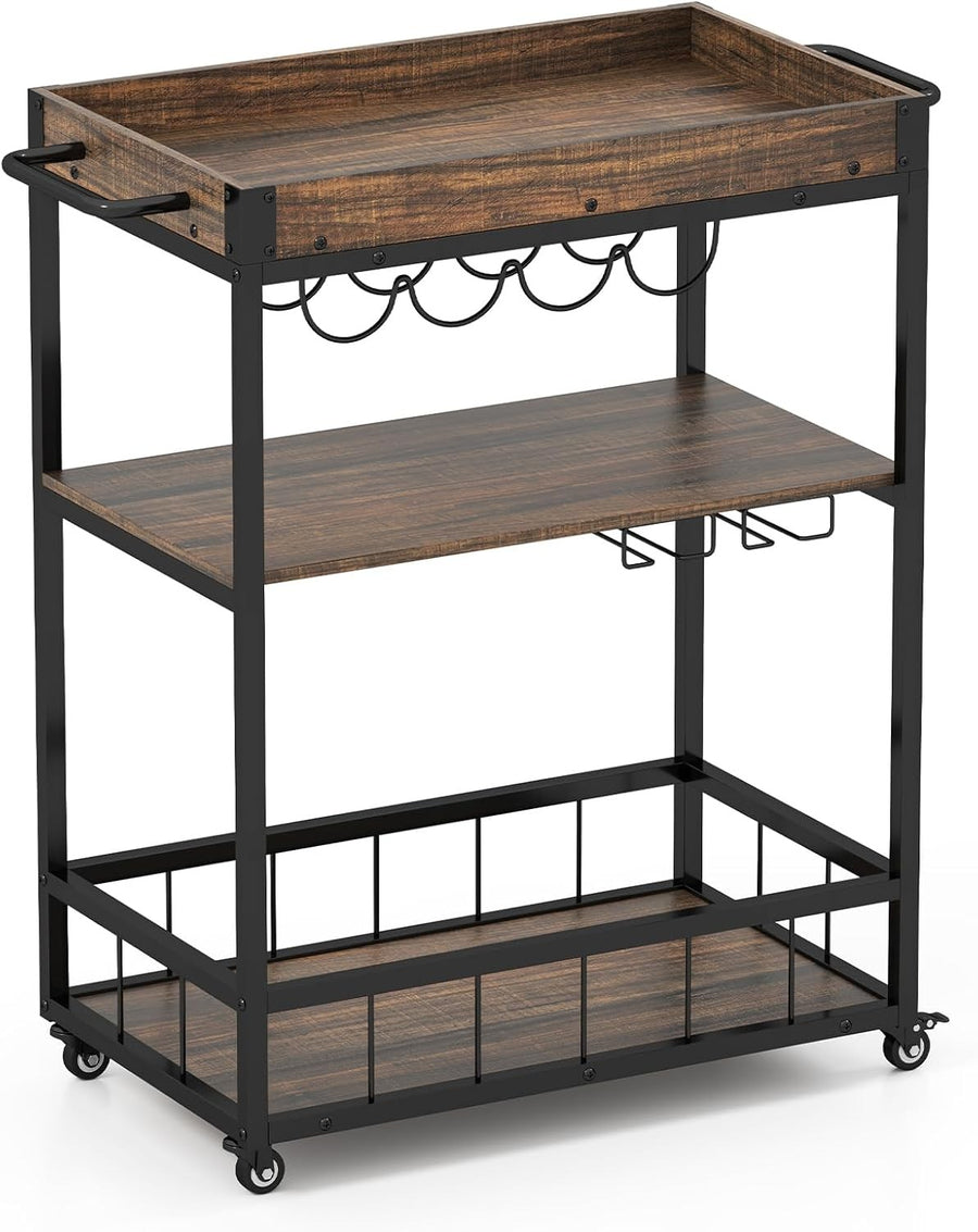 3 Tier Kitchen Trolley Rolling Bar Cart Wine Rack Serving Cart Wheels