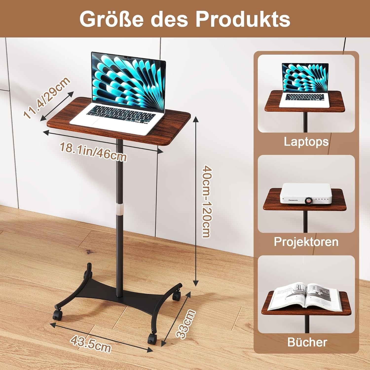 Mobile Standing Desk Height Adjustable Laptop Table with Wheels Black