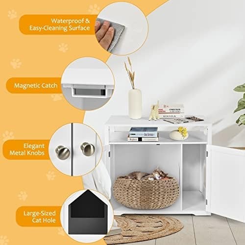 Modern Cat Litter Box Enclosure with 2 Holes, Doors & Side Table