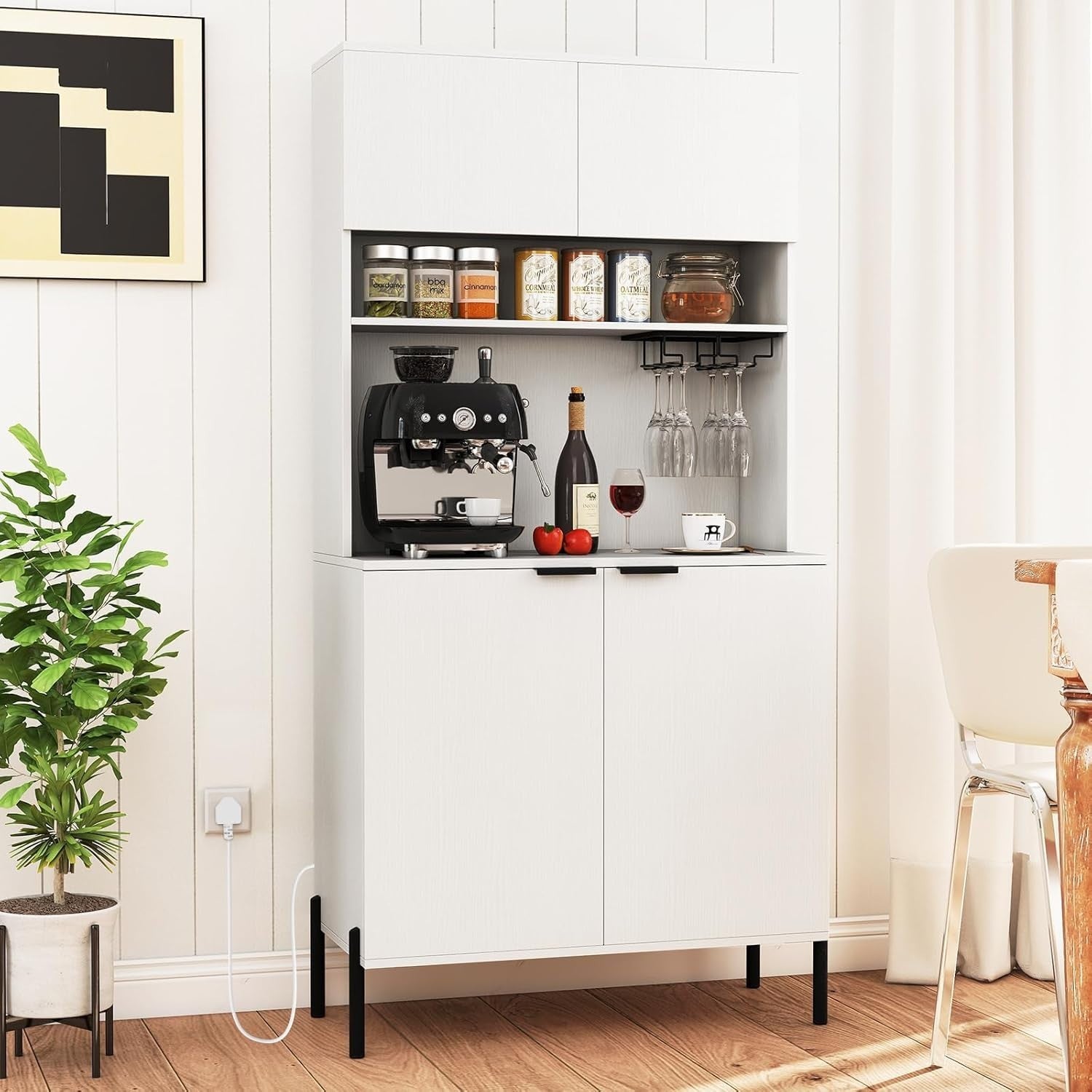 Tall Kitchen Cupboard 4-Door Pantry Storage Cabinet with Wine Rack & USB