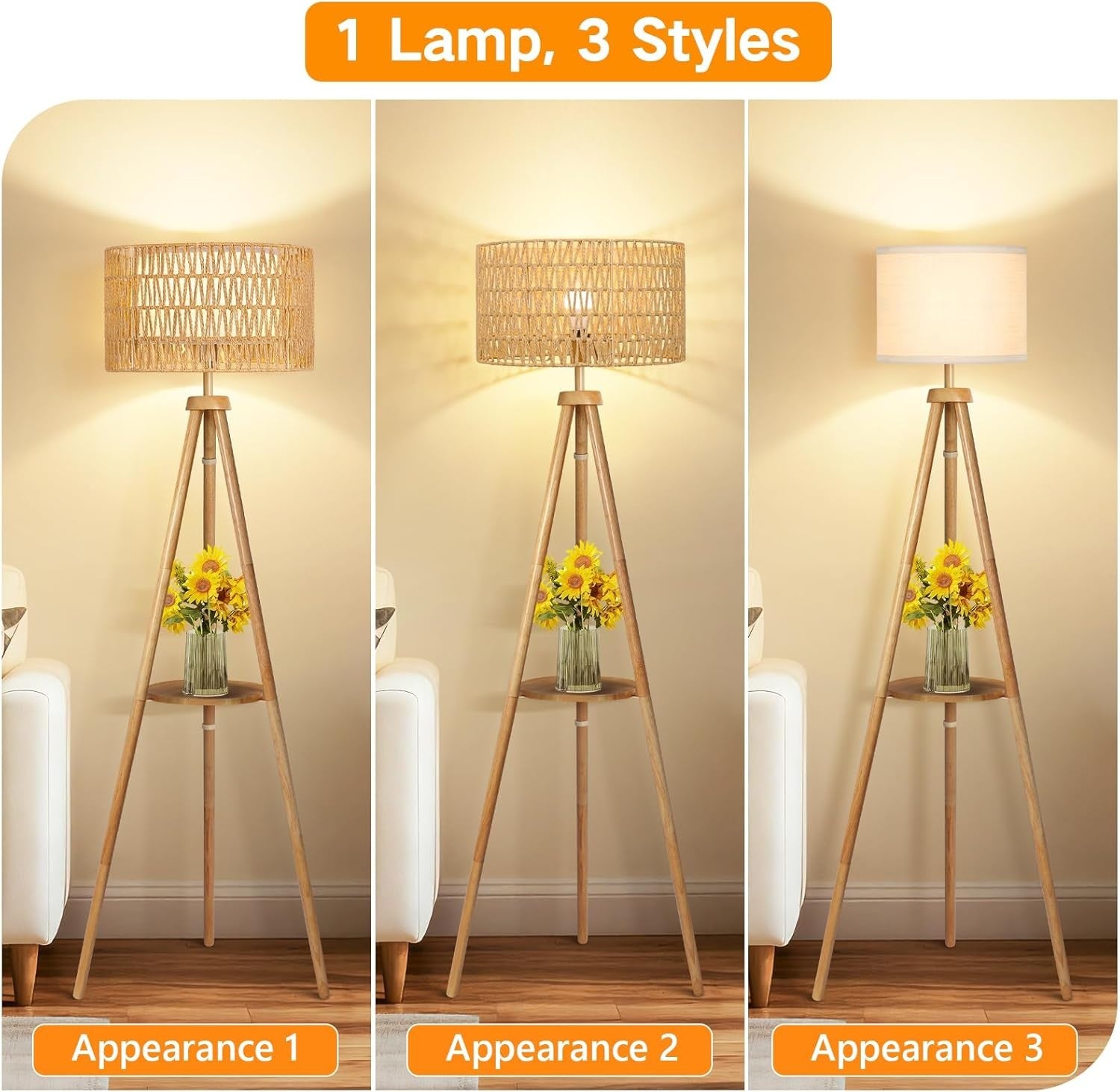 Wooden Tripod Floor Lamp Rattan Double Shade Remote Dimmable Boho Light