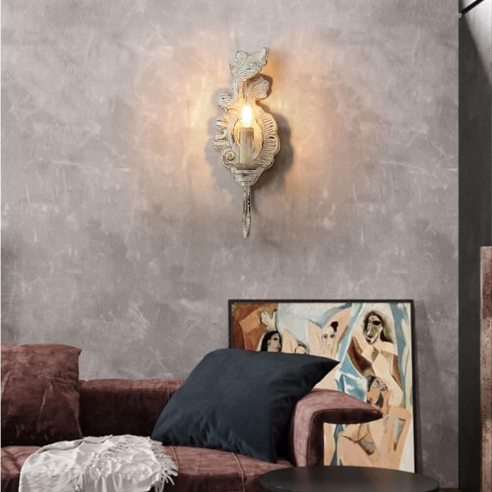 Vintage White Wood Wall Sconce, French Country Candle-Style Light