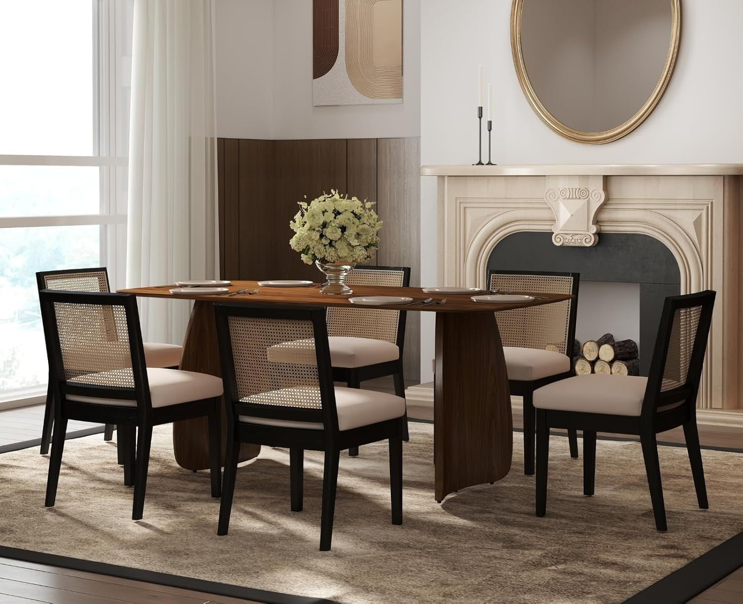 Set of 2 Black Rattan Dining Chairs Upholstered Linen Seat Wooden Frame