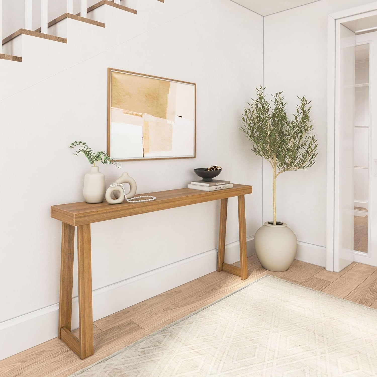 66 Inch Solid Wood Console Table – Narrow Entryway Sofa Accent, Pecan