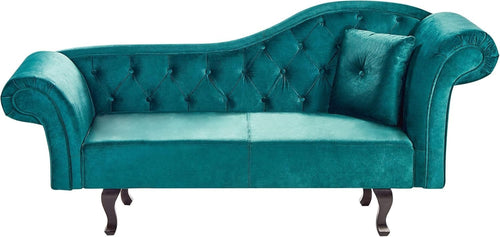 Velvet Chaise Lounge Sofa Green | Tufted Back, Cushion, Wooden Legs