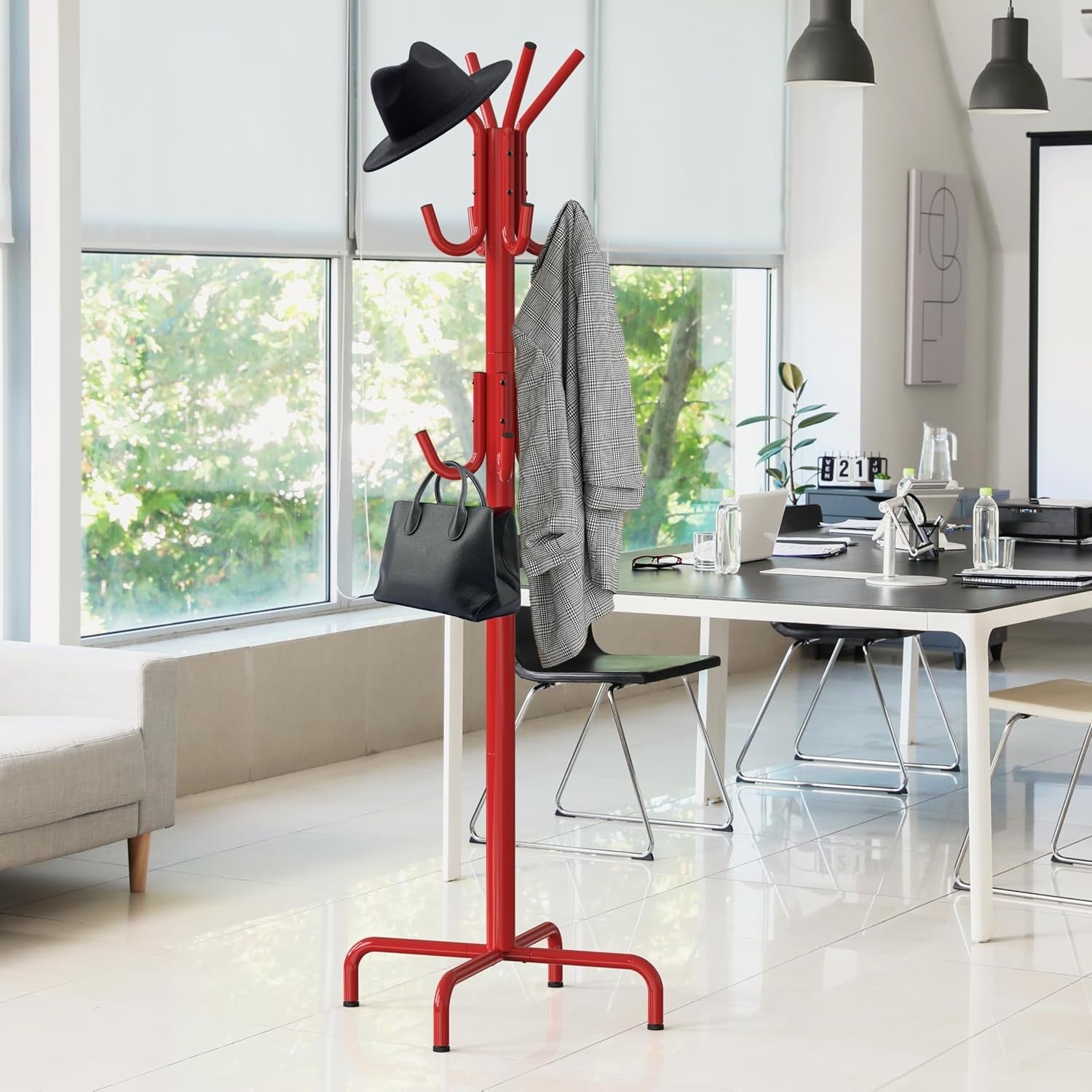 Standing Coat Rack with 12 Hooks | Red Metal Hat & Scarf Organizer Stand
