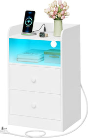 White Bedside Table with USB Ports & LED Lights, 2 Drawers & Charging Station