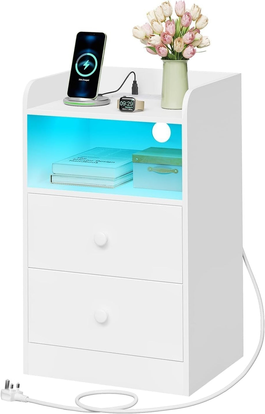 White Bedside Table with USB Ports & LED Lights, 2 Drawers & Charging Station