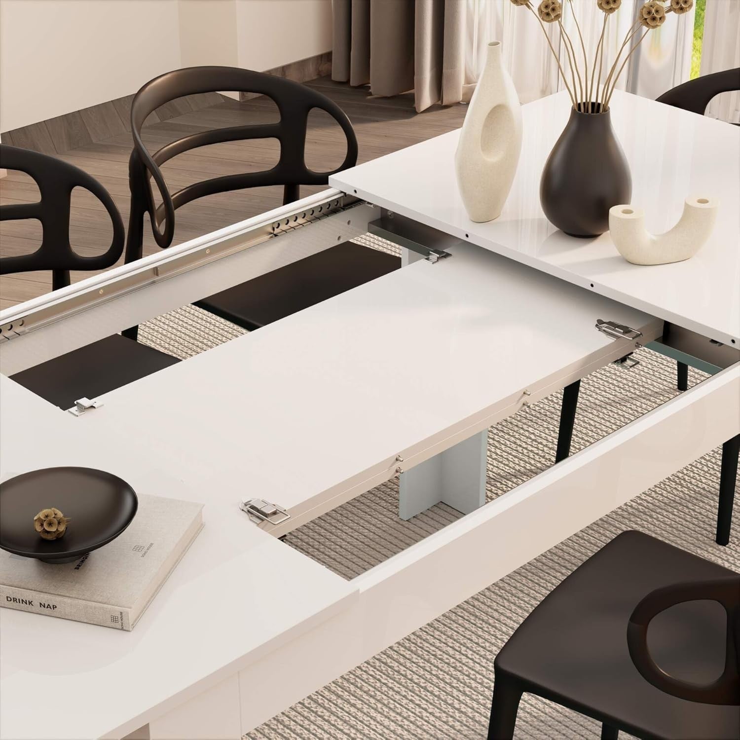 Extendable Dining Table  Gloss White 220cm Wood 6–8 Seater Modern Space Saver