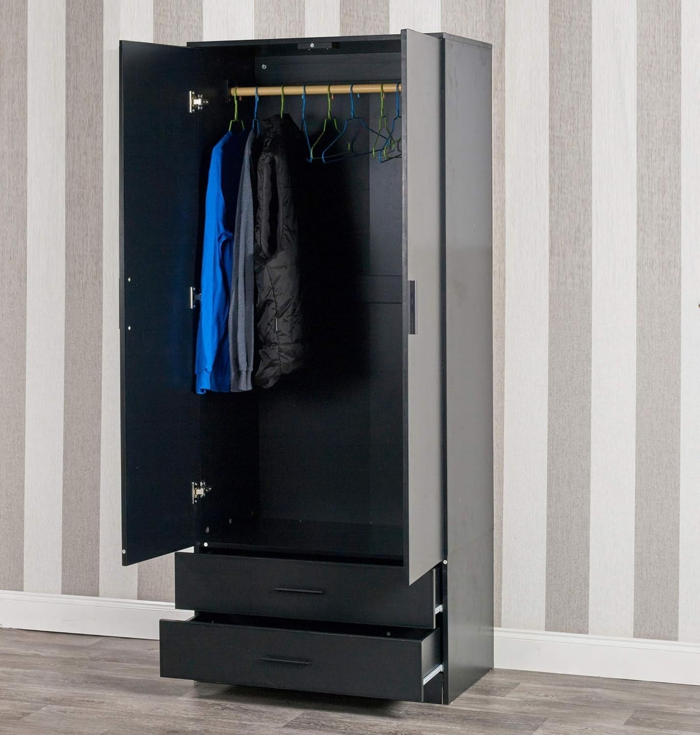 Black 2 Door Wardrobe with Drawers Hanging Rail Storage Bedroom Unit