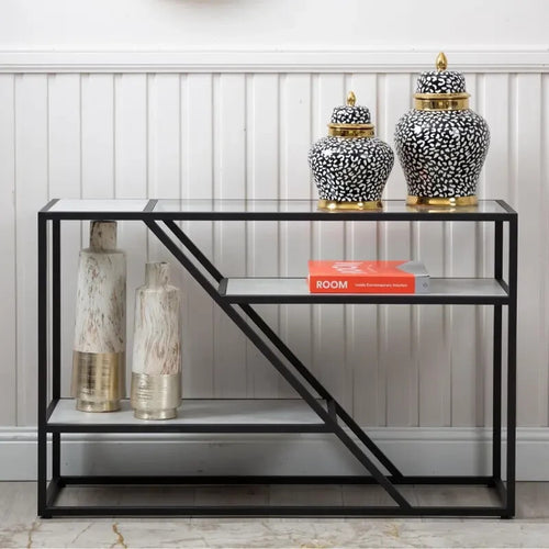 Modern Black Glass Console Table – 2 Tier Entryway Shelf Display Unit