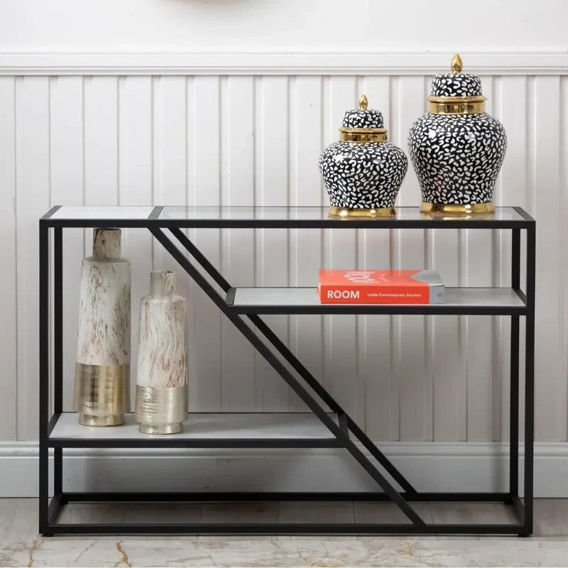 Modern Black Glass Console Table – 2 Tier Entryway Shelf Display Unit