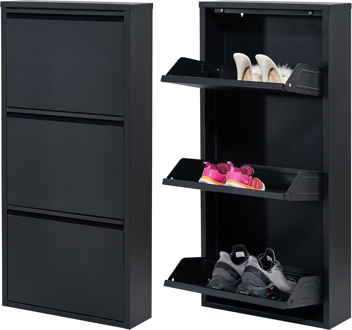 Slim Wall Mounted Shoe Cabinet 3 Drawer Metal Storage Organizer Black 104cm