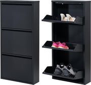 Slim Wall Mounted Shoe Cabinet 3 Drawer Metal Storage Organizer Black 104cm