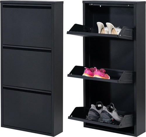 Slim Wall Mounted Shoe Cabinet 3 Drawer Metal Storage Organizer Black 104cm