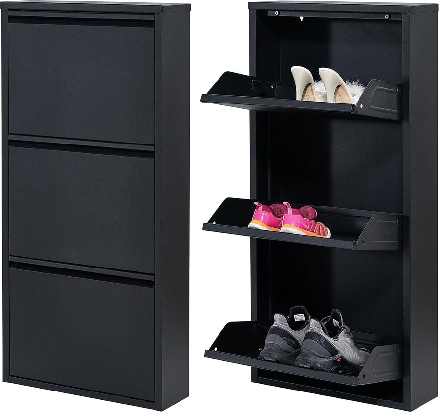 Slim Wall Mounted Shoe Cabinet 3 Drawer Metal Storage Organizer Black 104cm
